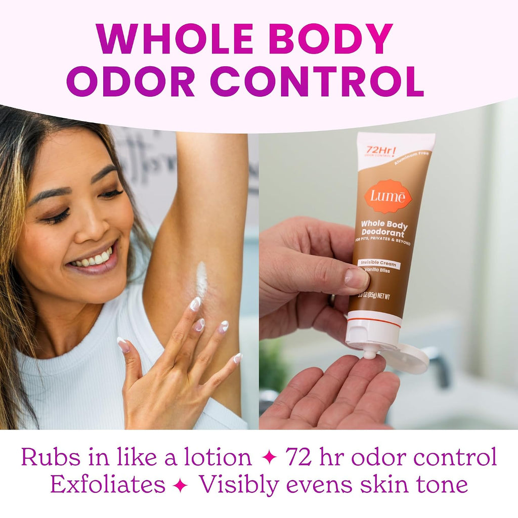 Lume Whole Body Deodorant - Invisible Cream Tube - 72 Hour Odor Control - Doctor Developed - Aluminum Free. Baking Soda Free and Skin Loving - 3.0 Ounce (Pack of 2) (Vanilla Bliss)