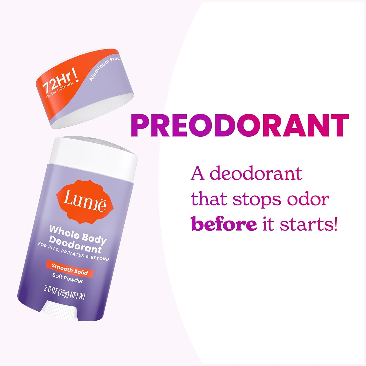 Lume Whole Body Deodorant - Smooth Solid Stick - 72 Hour Odor Control - Aluminum Free. Baking Soda Free and Skin Safe - 2.6 Ounce (Pack of 2) (Soft Powder)