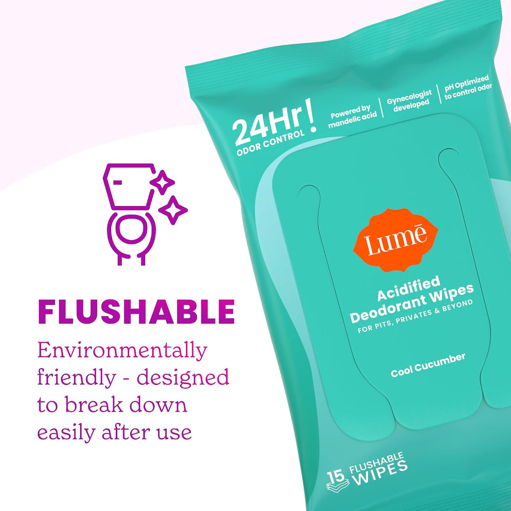 Lume Acidified Body Wash & Flushable Deodorant Wipes - 24 Hour Odor Control - Hydrating Wash