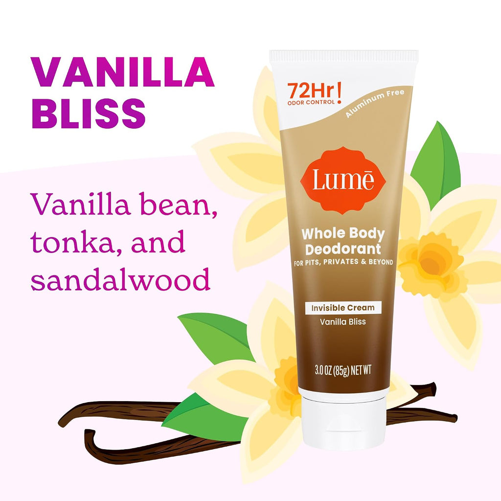 Lume Whole Body Deodorant - Invisible Cream Tube - 72 Hour Odor Control - Doctor Developed - Aluminum Free. Baking Soda Free and Skin Loving - 3.0 Ounce (Pack of 2) (Vanilla Bliss)