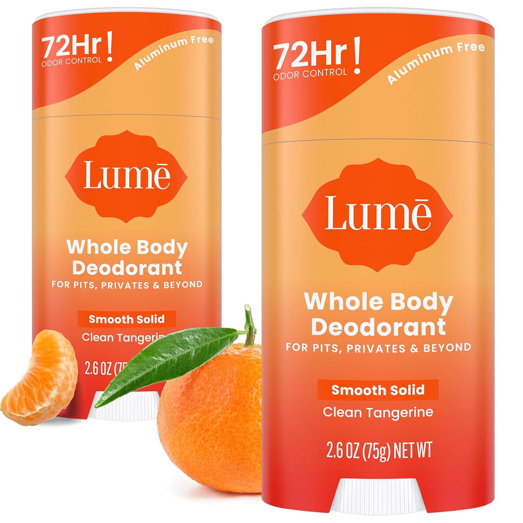 Lume Whole Body Deodorant - Smooth Solid Stick - 72 Hour Odor Control - Aluminum Free. Baking Soda Free and Skin Safe - 2.6 Ounce (Pack of 2) (Clean Tangerine)